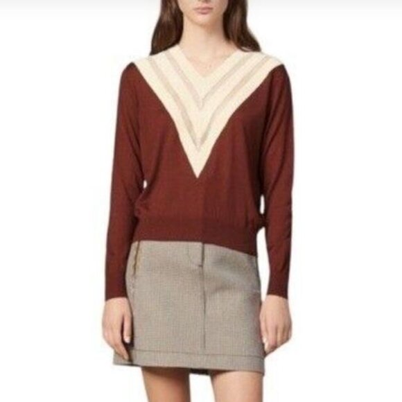 NWT New Sandro V-Neck Colorblock Chevron Mesh Insert Sweater Size S - Picture 2 of 11